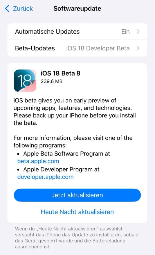 兴隆苹果手机维修分享苹果 iOS / iPadOS 18 开发者预览版 Beta 8 发布 